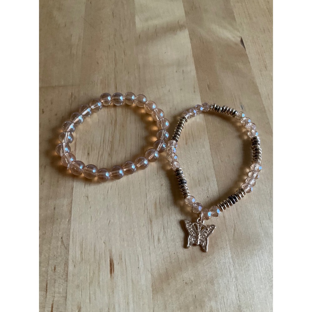Champagne Pink Beaded Stretch Bracelet Set with Butterfly Charm Rose Gold Tone